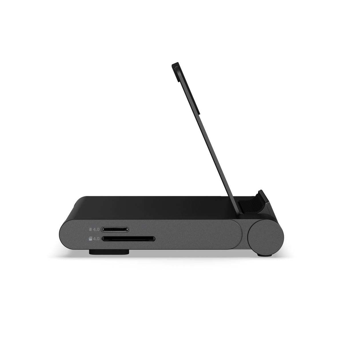 OntheGo Foldable Stand Hub, side view with stand raised and card slots