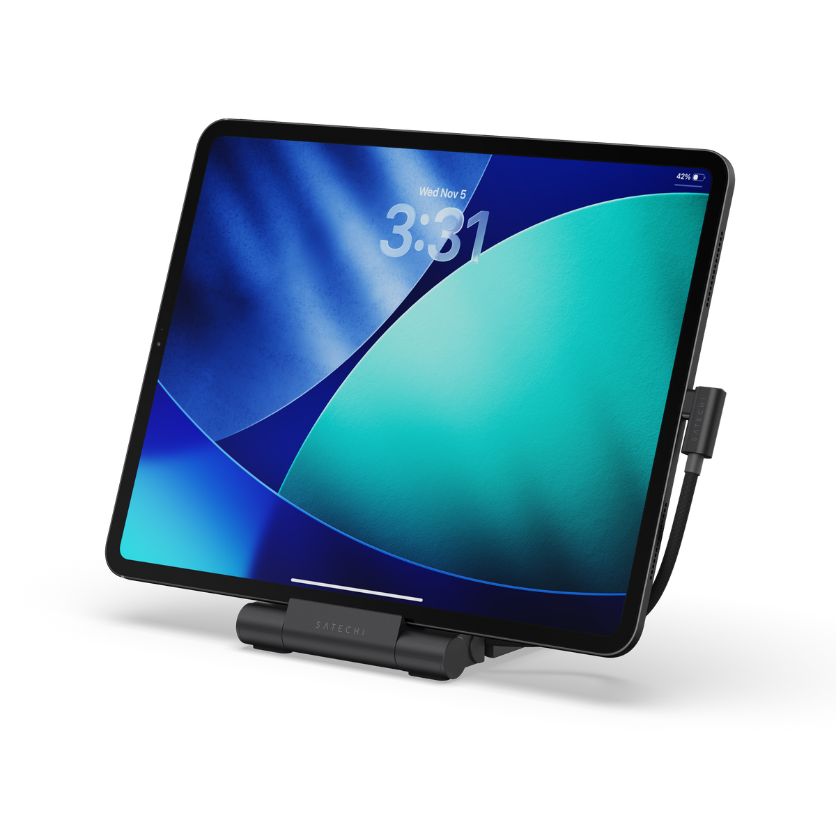 Satechi OntheGo Foldable Stand Hub holding an iPad upright