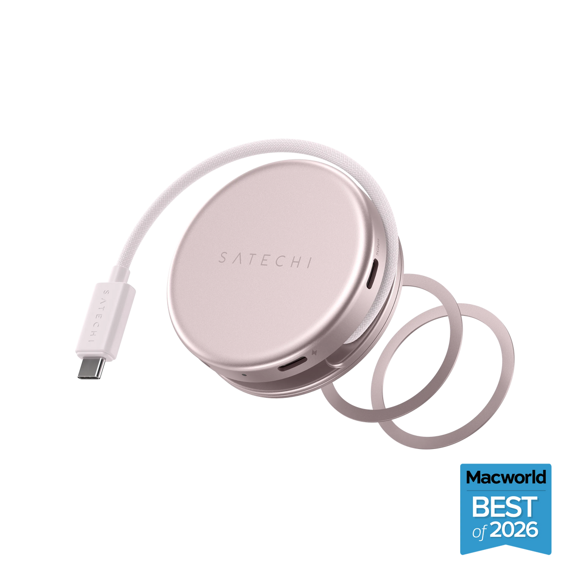 Satechi OntheGo 5-in-1 Multiport Adapter in Blush with its wrap-around USB-C cable and magnetic ring, with Macworld Best of 2026 badge