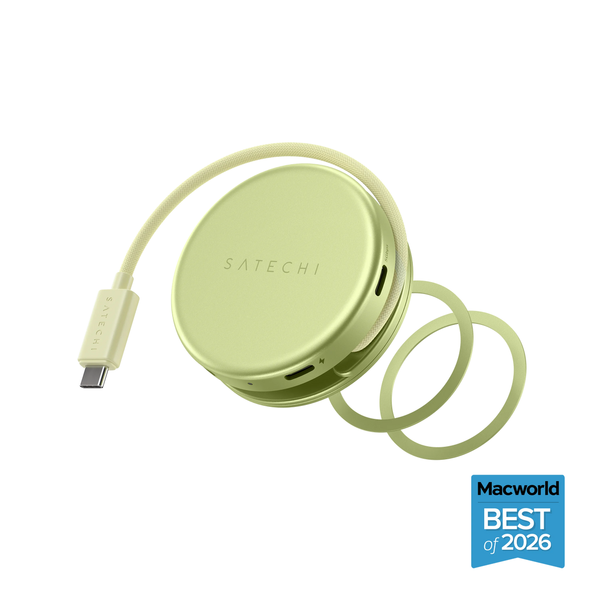 Satechi OntheGo 5-in-1 Multiport Adapter in Citrus with its wrap-around USB-C cable and magnetic ring, with Macworld Best of 2026 badge