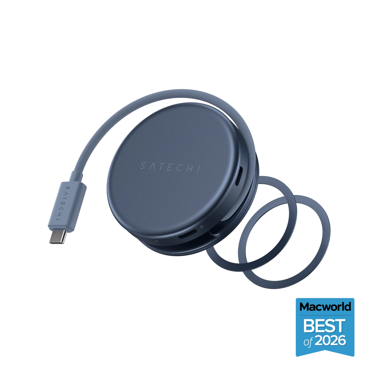 Satechi OntheGo 5-in-1 Multiport Adapter in Indigo with its wrap-around USB-C cable and magnetic ring, with Macworld Best of 2026 badge