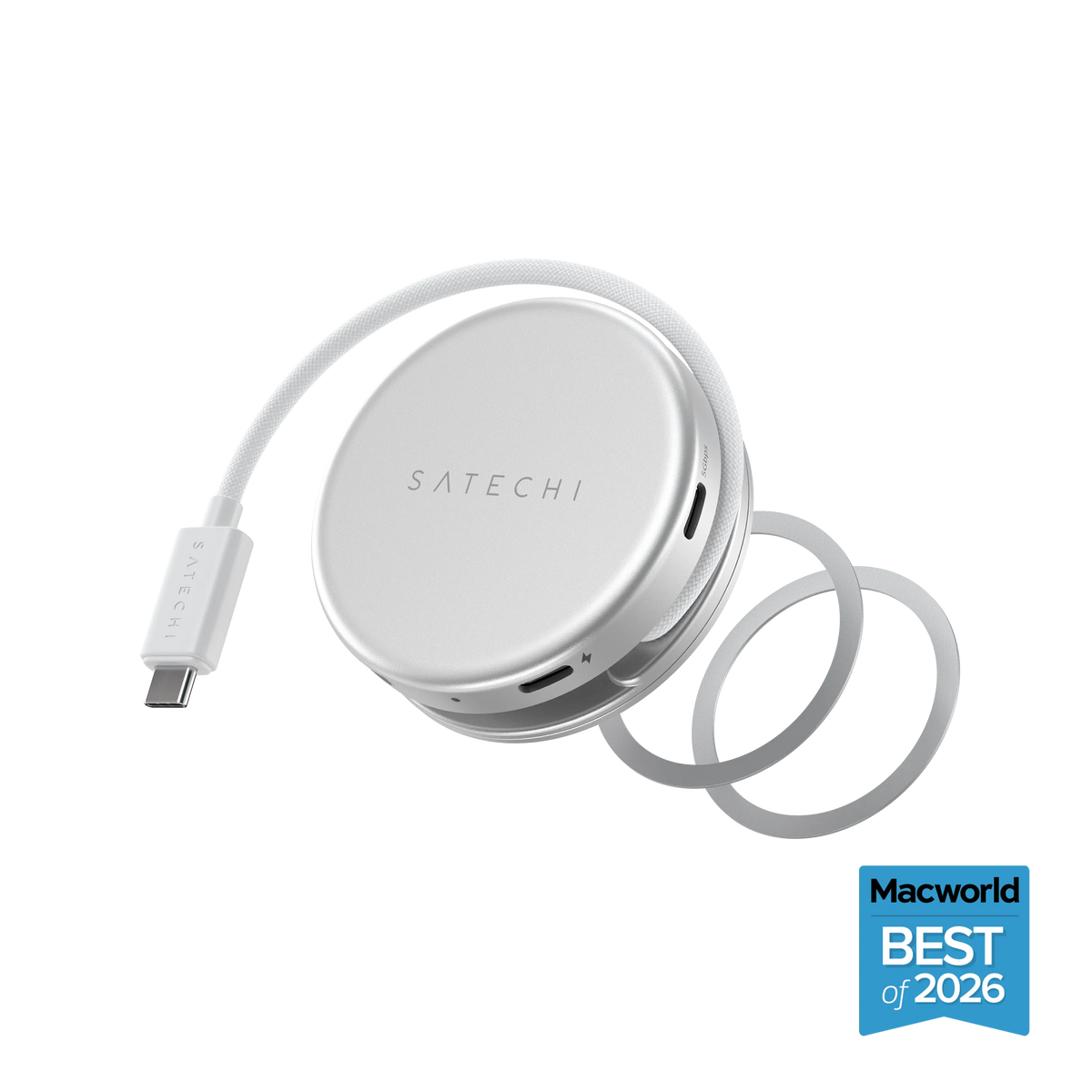 Satechi OntheGo 5-in-1 Multiport Adapter in Silver with its wrap-around USB-C cable and magnetic ring, with Macworld Best of 2026 badge