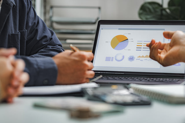 Two people reviewing charts and graphs on a laptop during a business meeting.