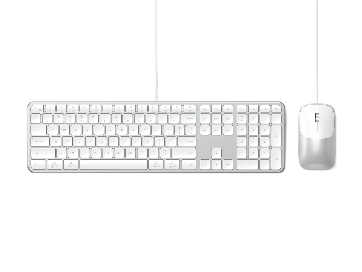 Satechi Slim CLX3 Wired Combo in Silver, full-size keyboard and mouse, top view
