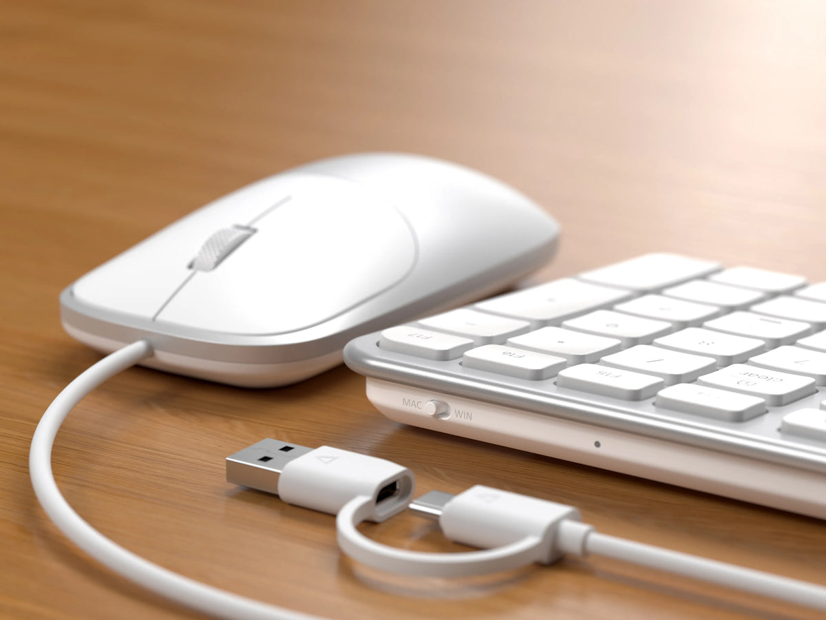 Slim CLX3 Wired Combo mouse in Silver with its USB-C cable and USB-A adapter