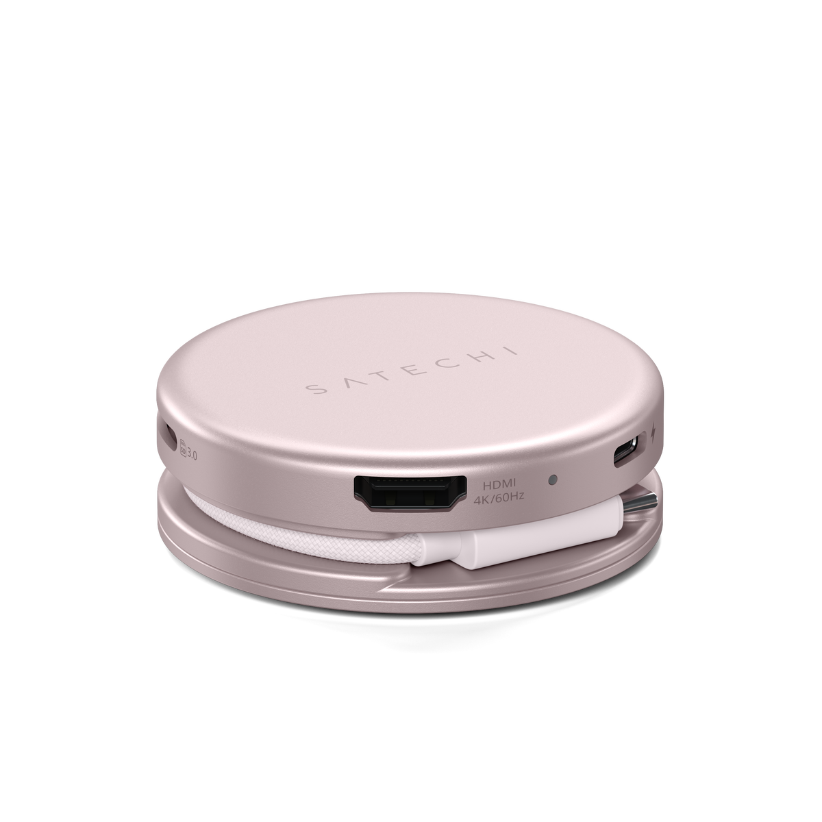 OntheGo 5-in-1 Multiport Adapter in Blush, side view showing HDMI, USB-C charging port and stored cable