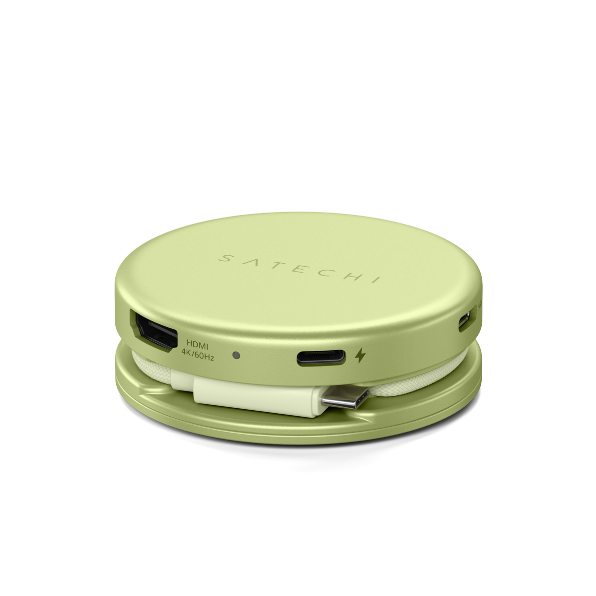 OntheGo 5-in-1 Multiport Adapter in Citrus, side view showing HDMI, USB-C charging port and stored cable