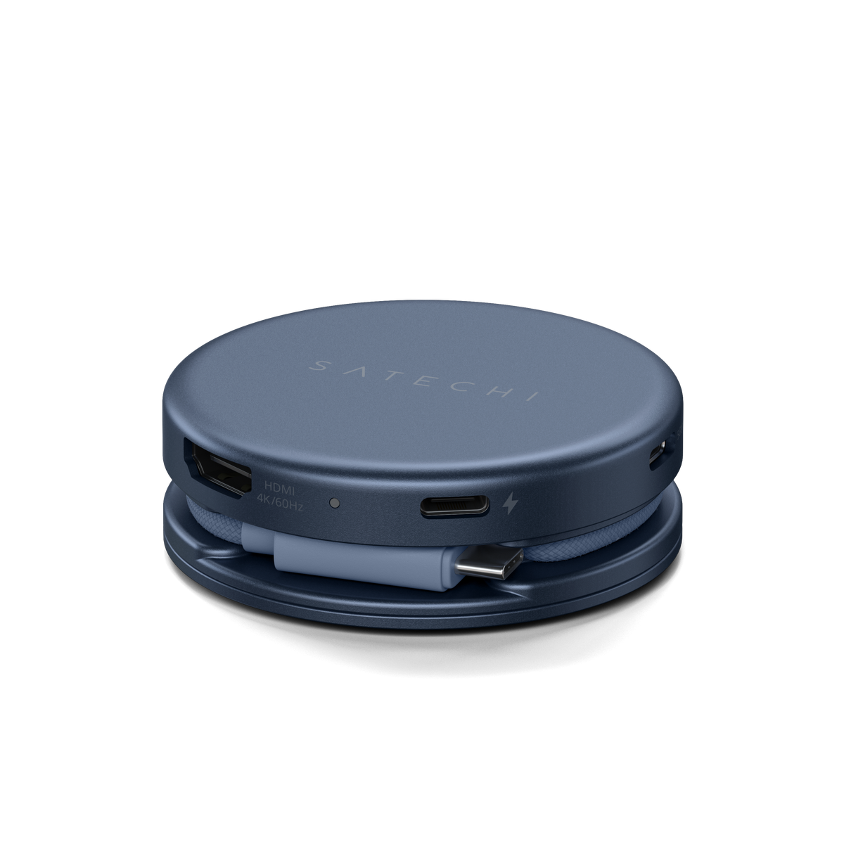 OntheGo 5-in-1 Multiport Adapter in Indigo, side view showing HDMI, USB-C charging port and stored cable
