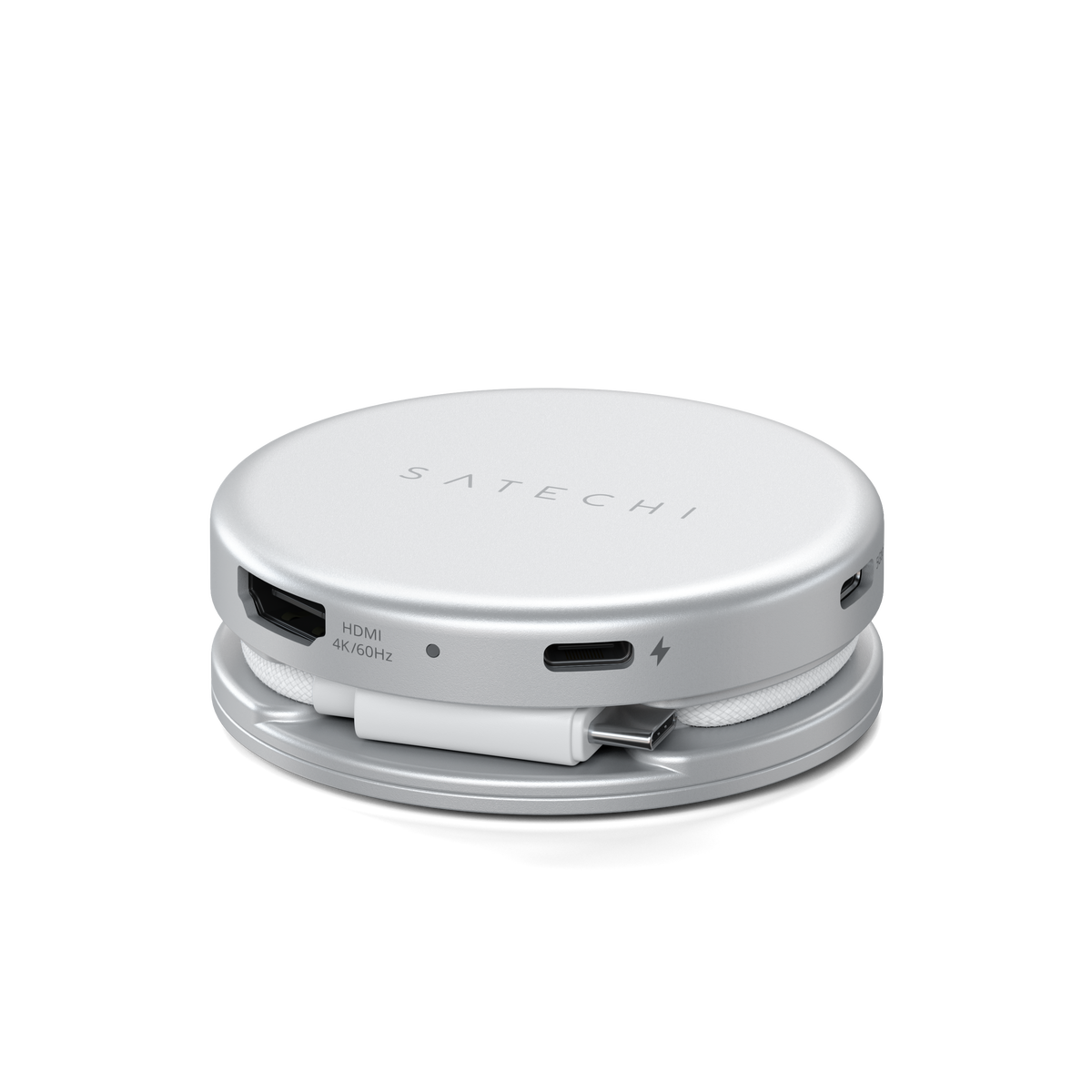 OntheGo 5-in-1 Multiport Adapter in Silver, side view showing HDMI, USB-C charging port and stored cable