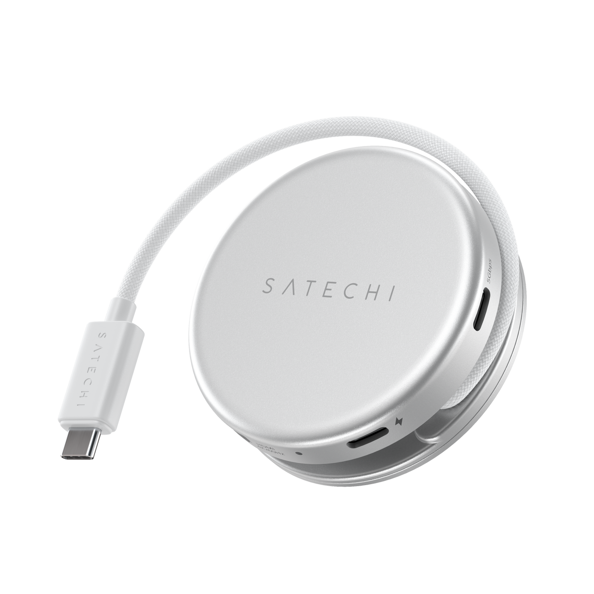 OntheGo 5-in-1 Multiport Adapter in Silver, top view with USB-C cable
