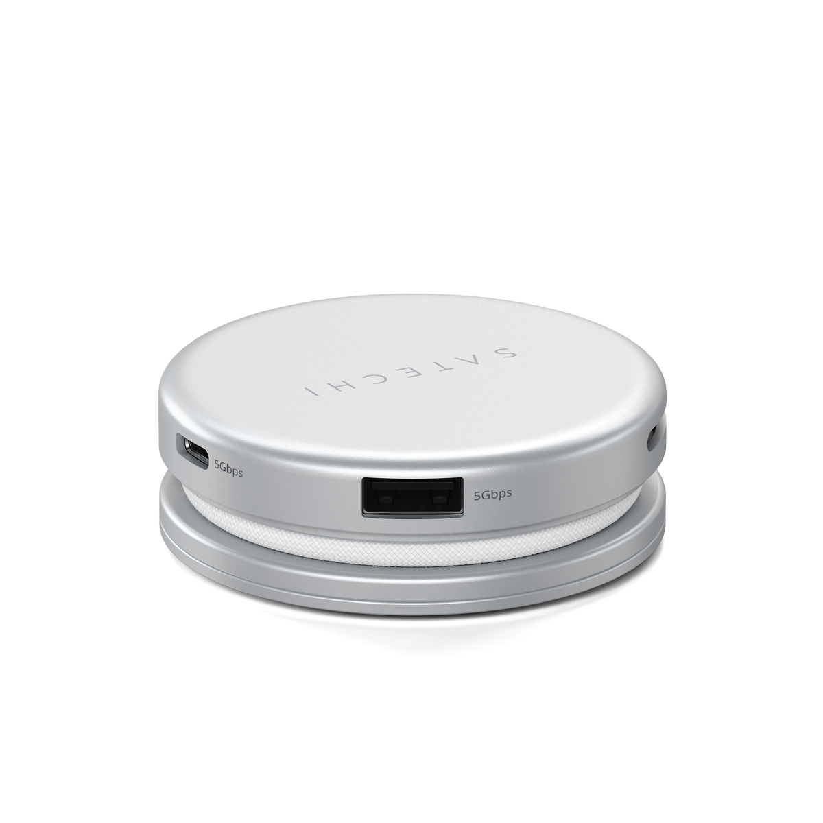OntheGo 5-in-1 Multiport Adapter in Silver, side view showing USB-A 5Gbps port