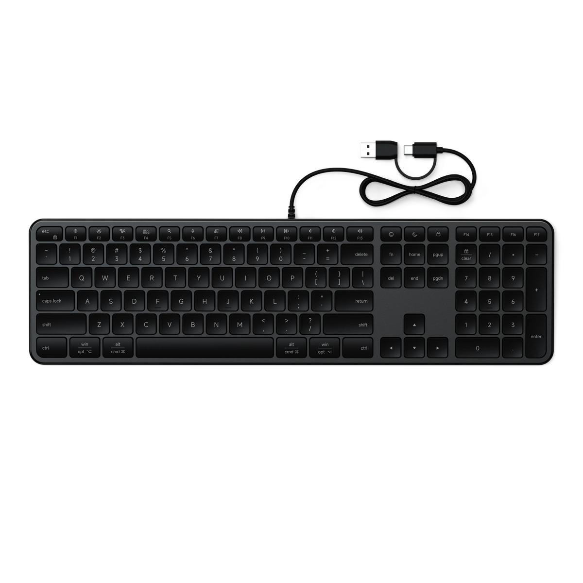Satechi Slim LX3 Wired Keyboard in Space Black, top view with USB-C cable and USB-A adapter