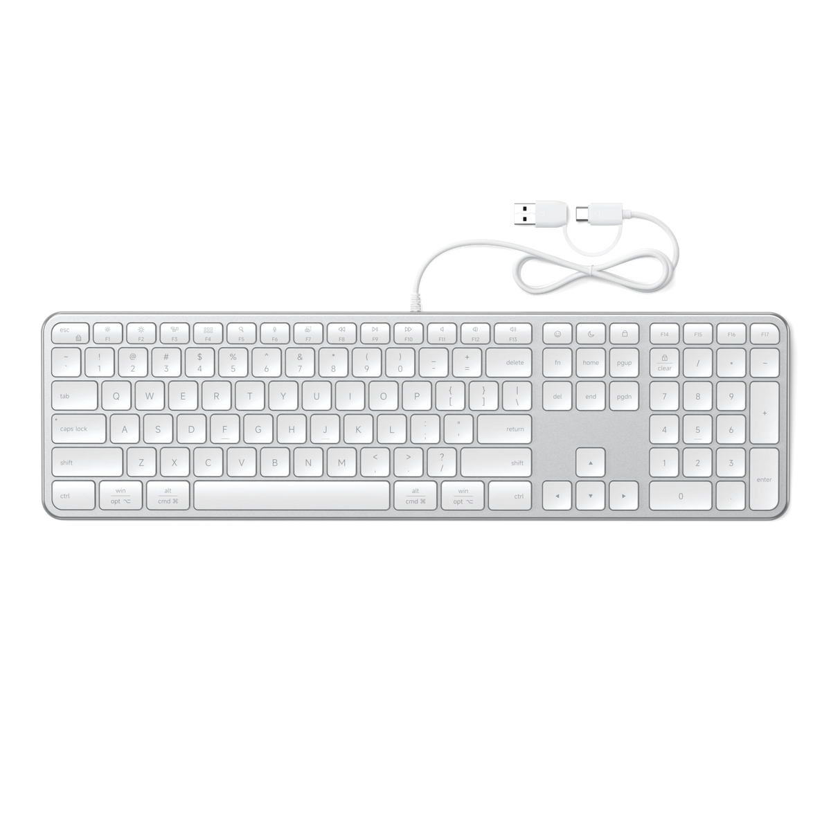 Satechi Slim LX3 Wired Keyboard in Silver, top view with USB-C cable and USB-A adapter