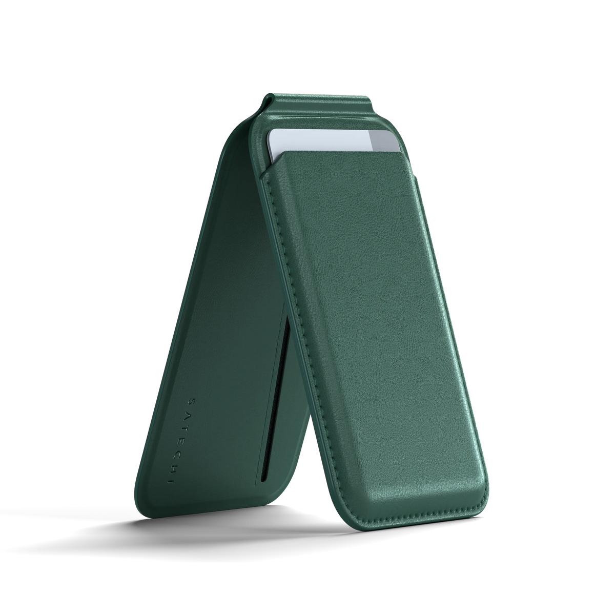 Satechi Vegan-Leather Magnetic Wallet Stand in Forest Green, kickstand open