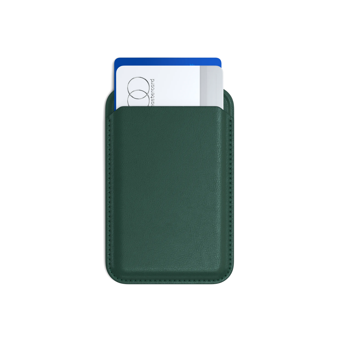 Vegan-Leather Magnetic Wallet Stand in Forest Green, front view with cards inside