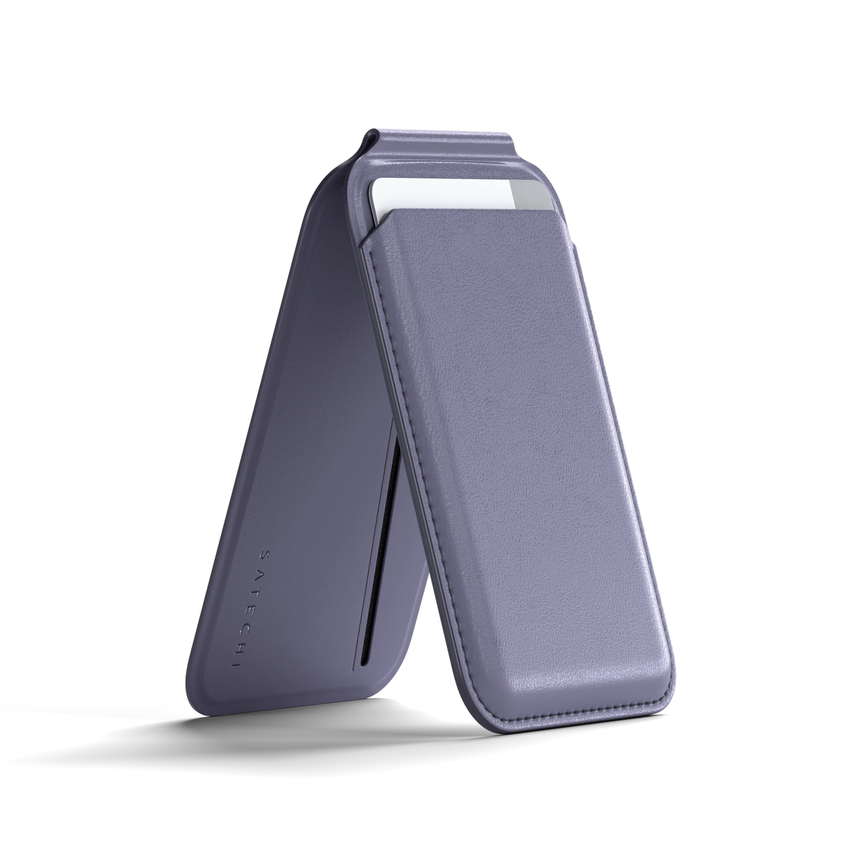 Satechi Vegan-Leather Magnetic Wallet Stand in Purple, kickstand open