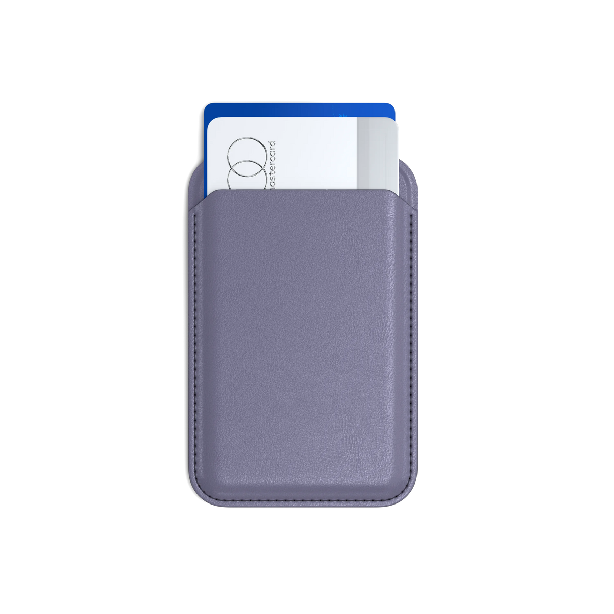 Vegan-Leather Magnetic Wallet Stand in Purple, front view with cards inside