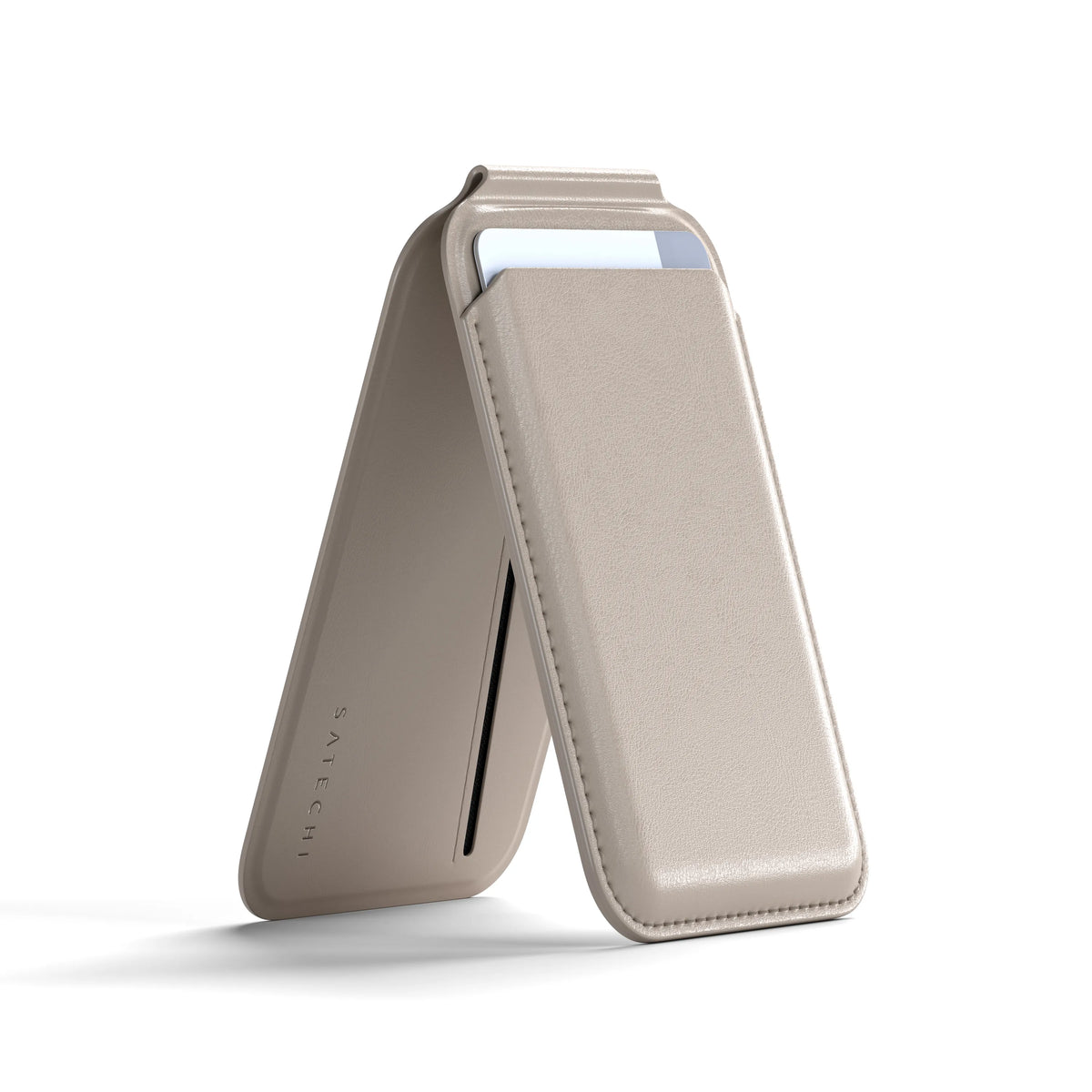 Satechi Vegan-Leather Magnetic Wallet Stand in Taupe, kickstand open