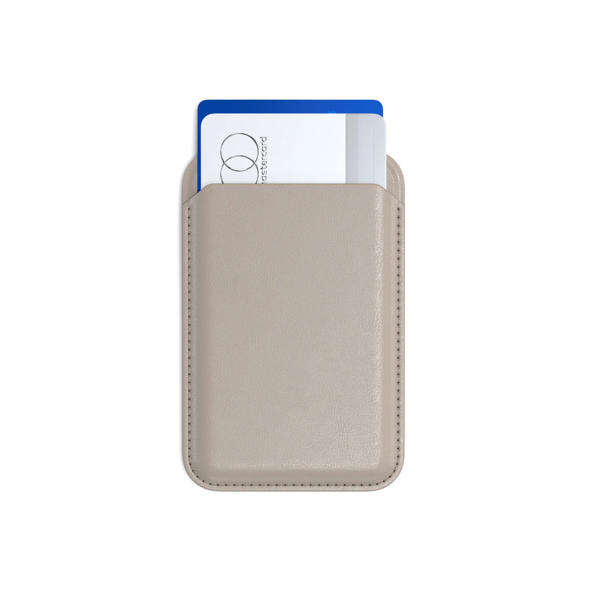 Vegan-Leather Magnetic Wallet Stand in Taupe, front view with cards inside