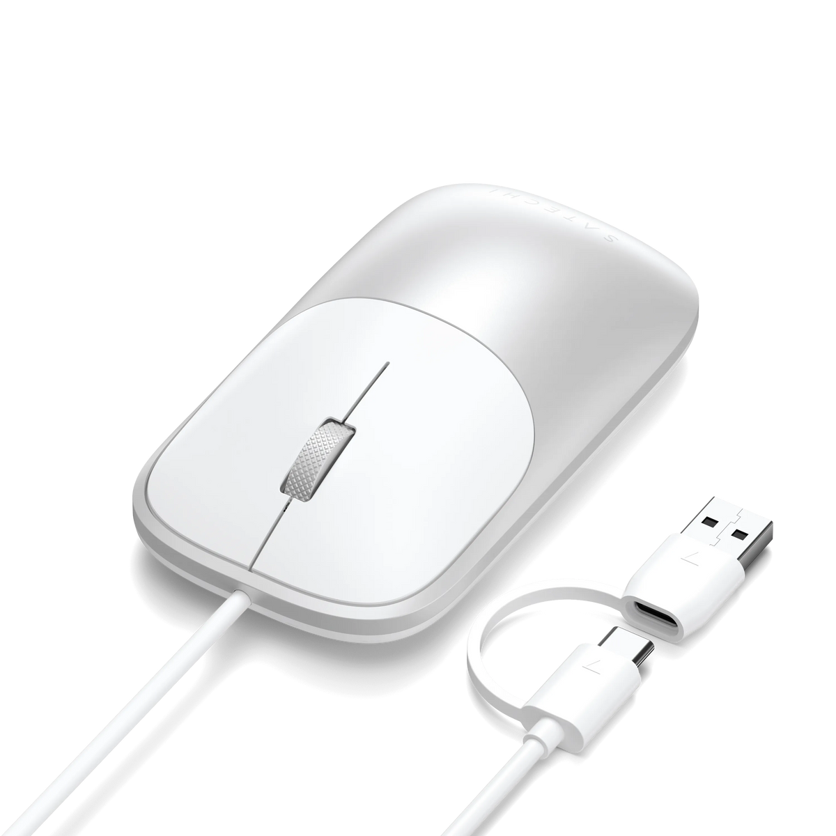 Satechi Slim LX Wired Mouse in Silver with its USB-C cable and USB-A adapter
