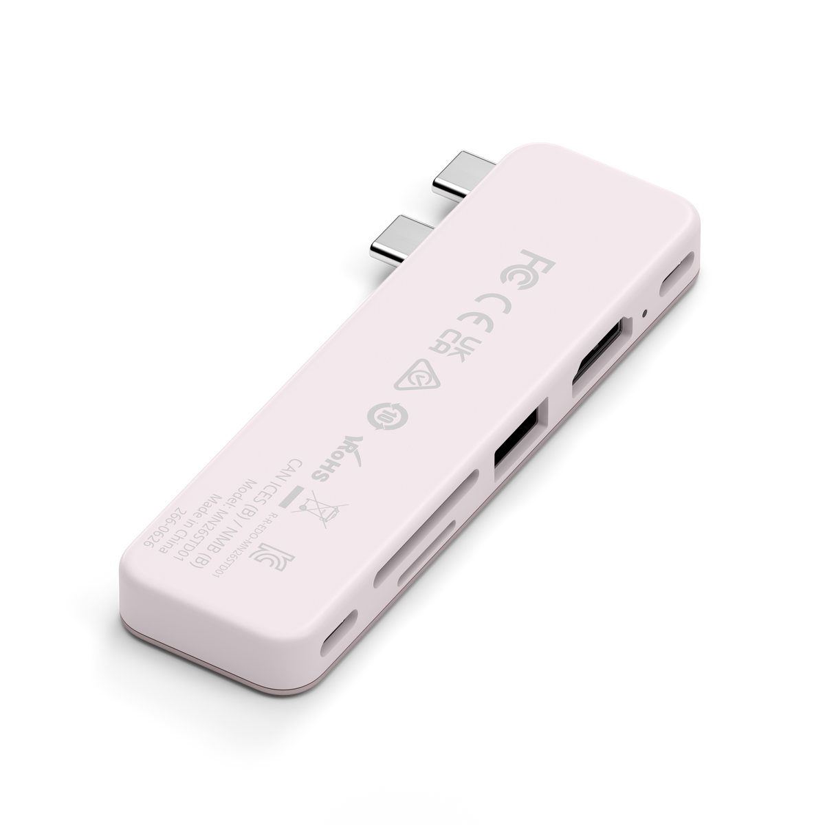 USB-C Snap Hub in Blush, underside with certification labels