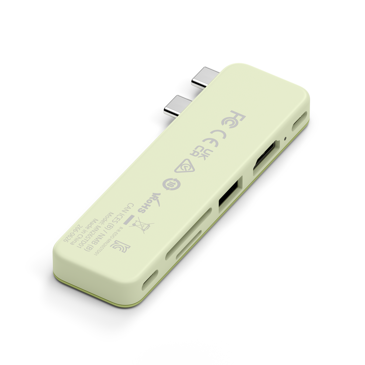 USB-C Snap Hub in Citrus, underside with certification labels