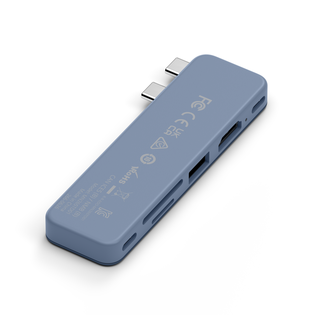 USB-C Snap Hub in Indigo, underside with certification labels