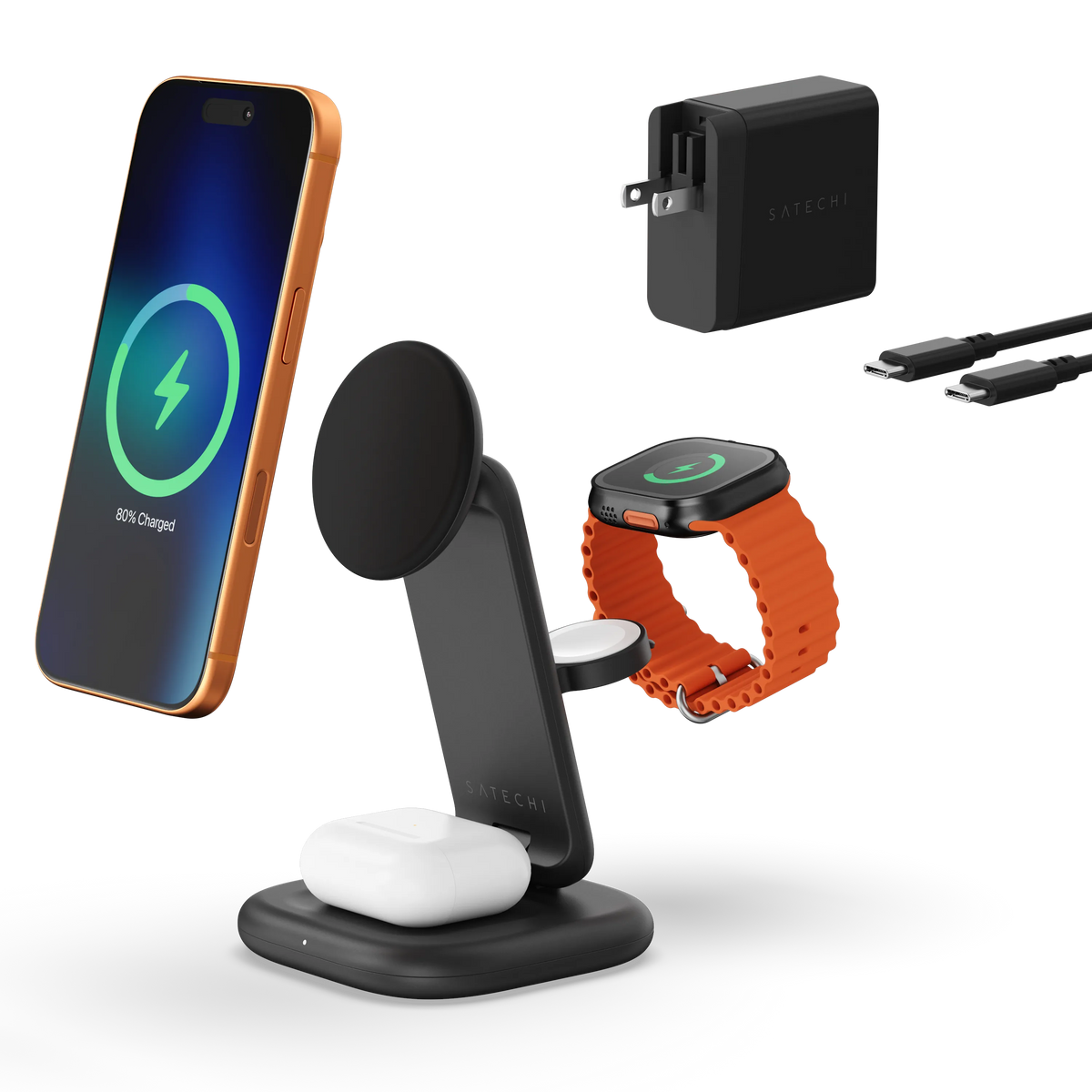 3-in-1 Foldable Wireless Charging Stand with Qi2 25W with iPhone, Apple Watch and AirPods, plus power adapter and USB-C cable
