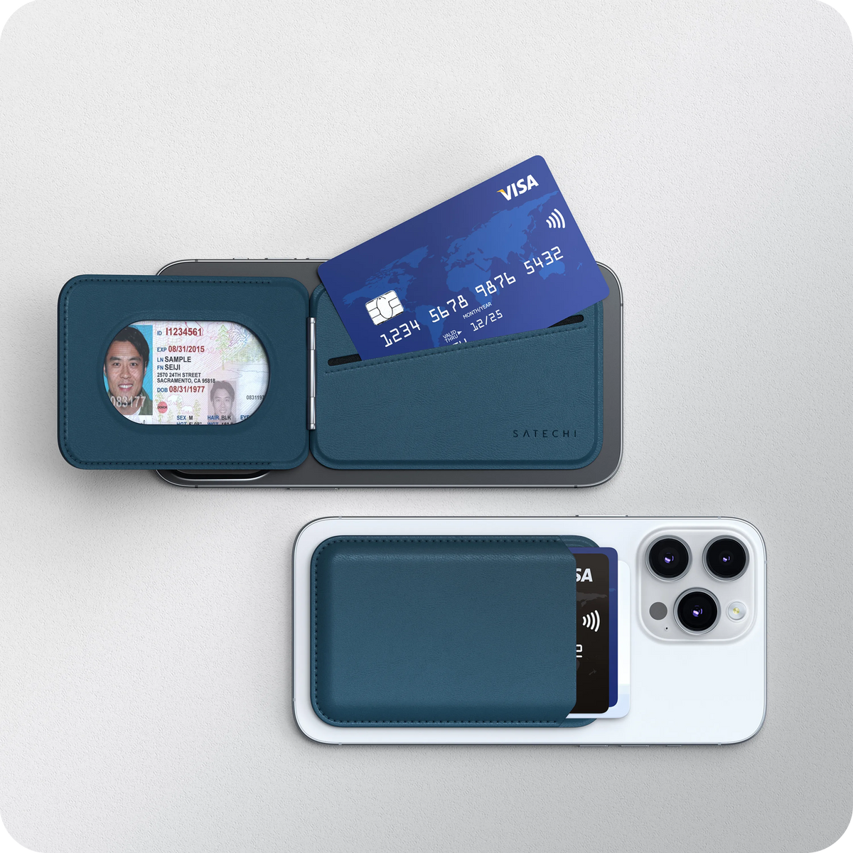 Vegan-Leather Magnetic Wallet Stand in Dark Blue opened to show ID window and card slot, next to one attached to an iPhone