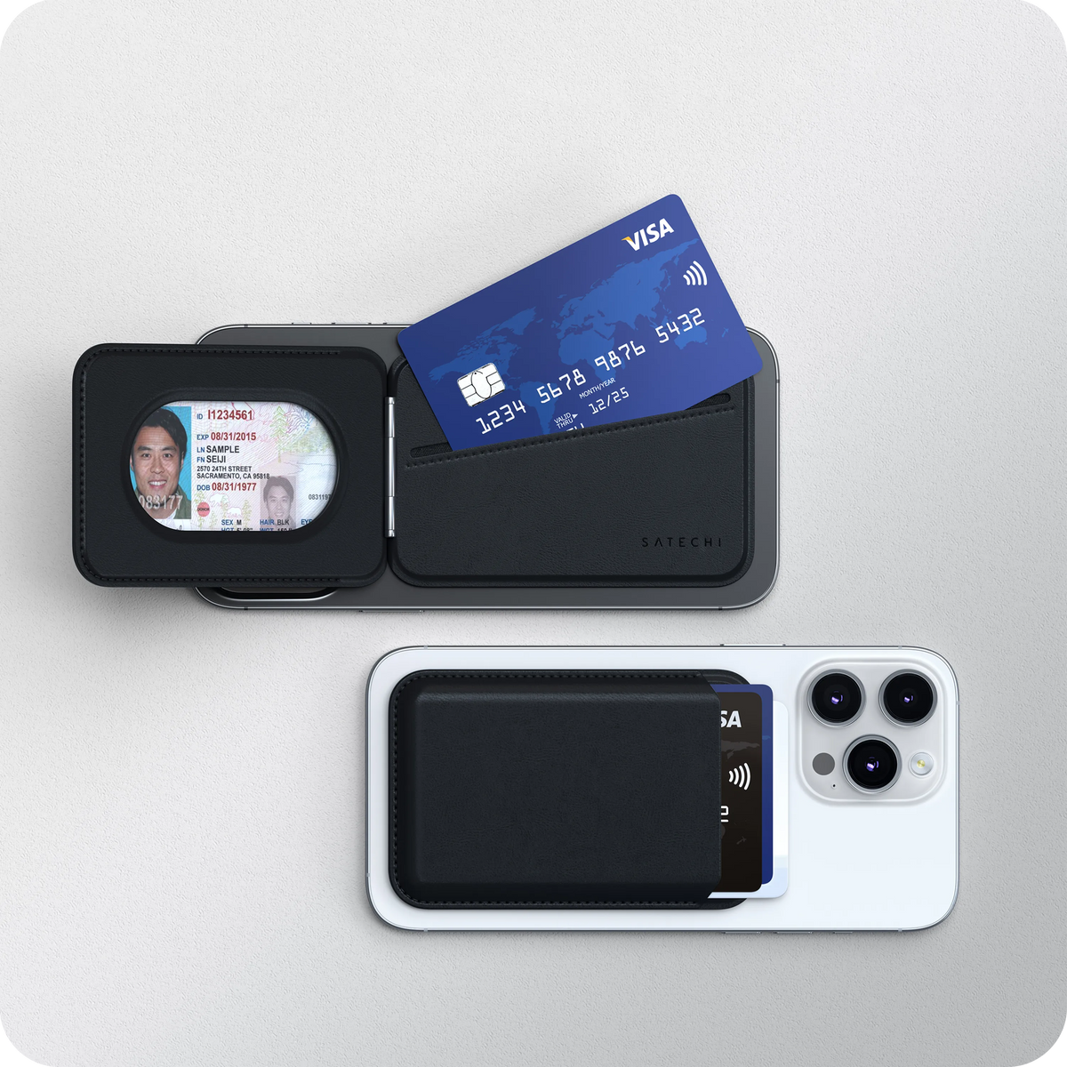 Vegan-Leather Magnetic Wallet Stand in Black opened to show ID window and card slot, next to one attached to an iPhone