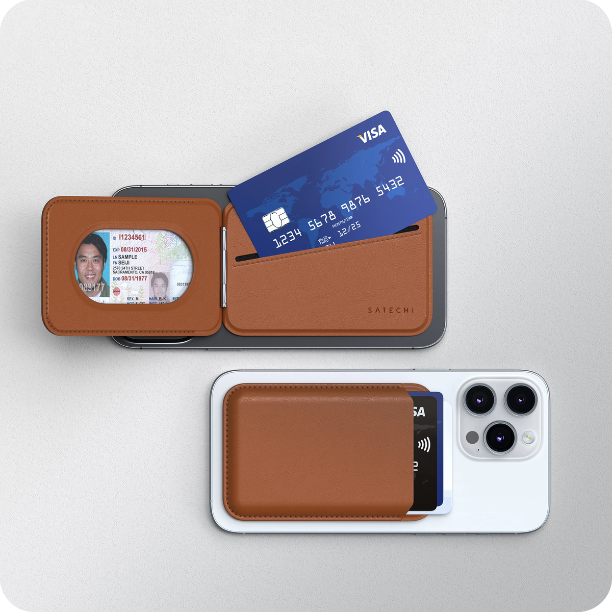 Vegan-Leather Magnetic Wallet Stand in Brown opened to show ID window and card slot, next to one attached to an iPhone