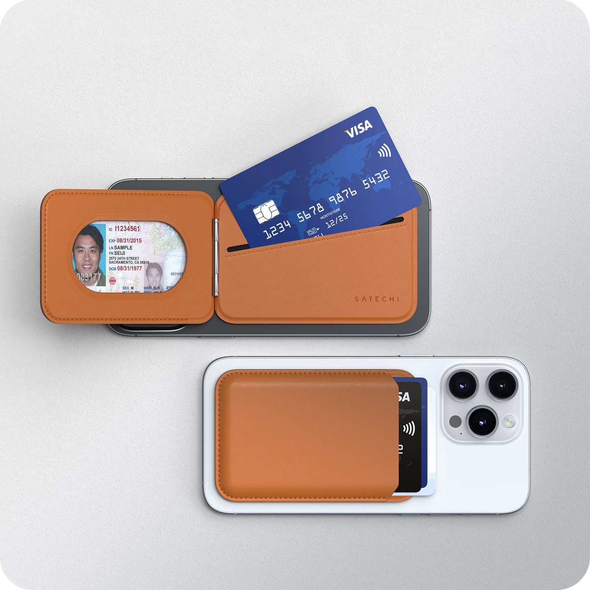 Vegan-Leather Magnetic Wallet Stand in Orange opened to show ID window and card slot, next to one attached to an iPhone