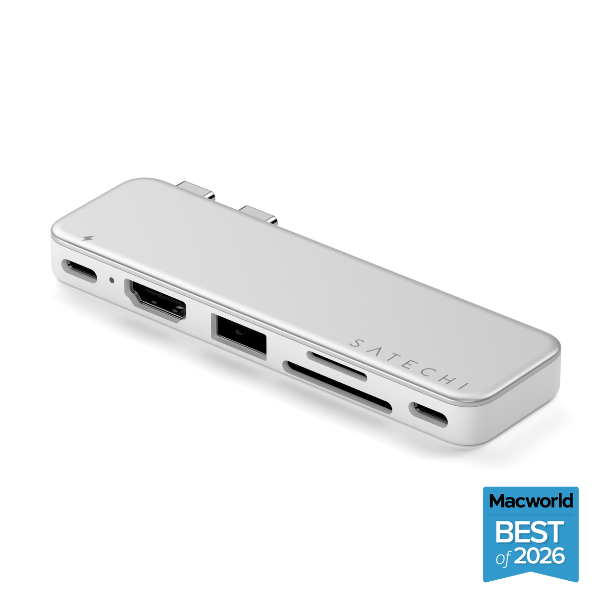 Satechi USB-C Snap Hub in Silver, port side showing HDMI, USB-A, SD and microSD slots and USB-C, with Macworld Best of 2026 badge