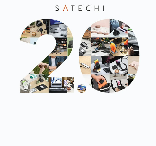 Satechi 2.0, with the numerals filled by a collage of Satechi product photos including hubs, chargers, stands, keyboards and cables.