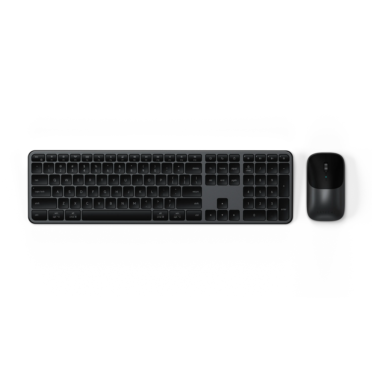 Satechi Slim CEX3 Wireless Combo in Space Black, full-size keyboard and mouse, top view