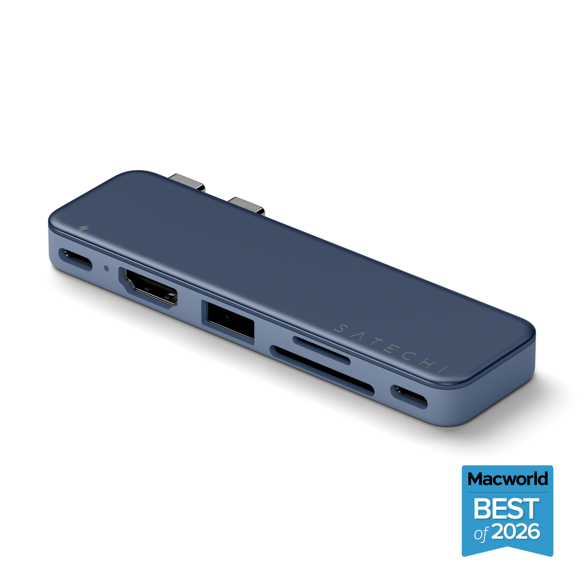 Satechi USB-C Snap Hub in Indigo, port side showing HDMI, USB-A, SD and microSD slots and USB-C, with Macworld Best of 2026 badge