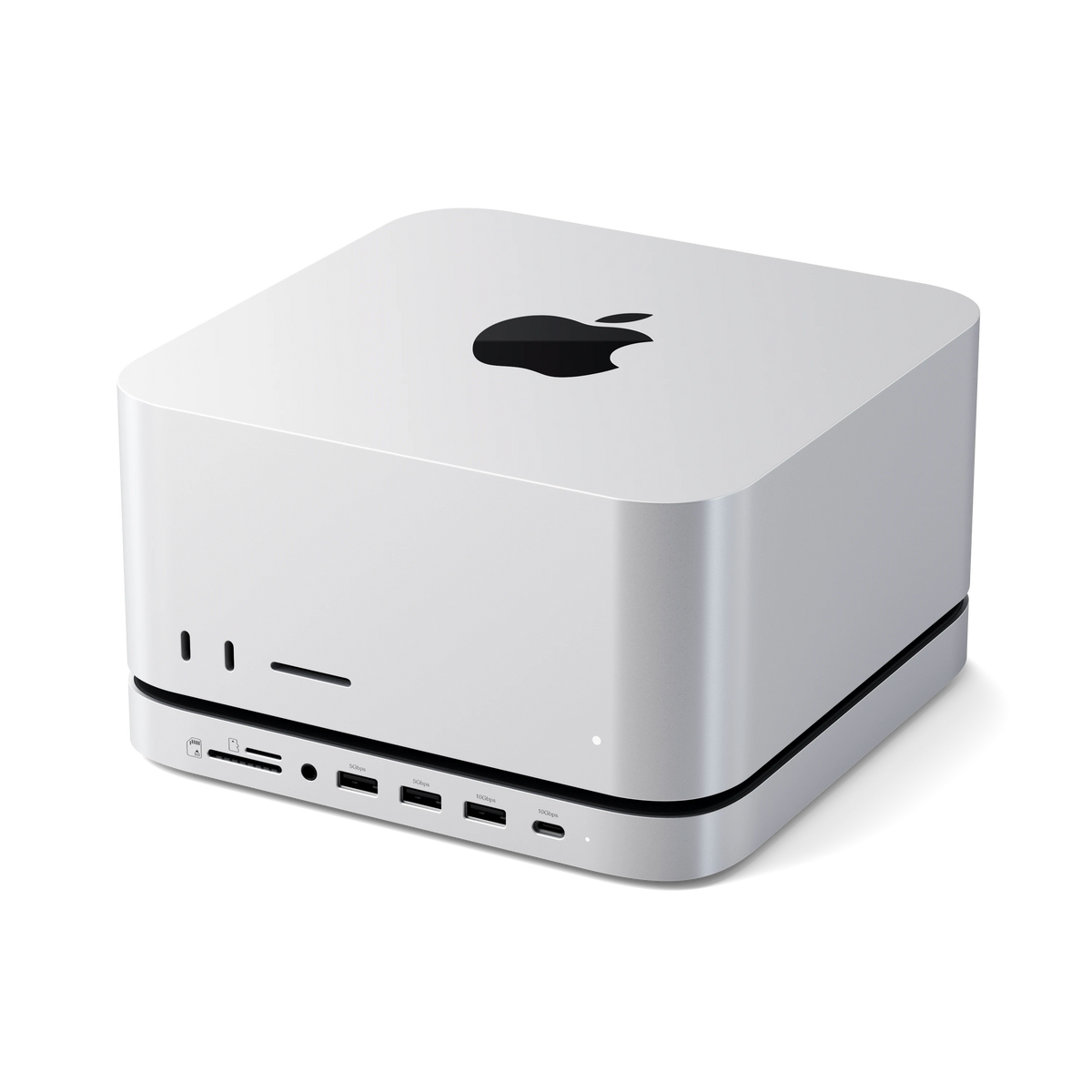Satechi Stand & Hub for Mac Studio M5 with NVMe SSD Enclosure under a Mac Studio, front view showing card reader, USB-A and USB-C ports