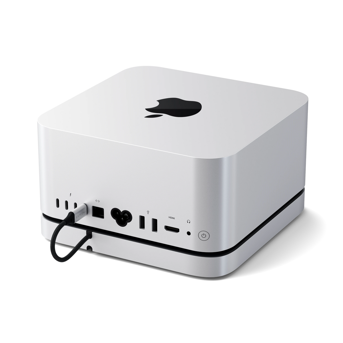 Stand & Hub for Mac Studio M5 with NVMe SSD Enclosure under a Mac Studio, back view with the USB-C cable connected