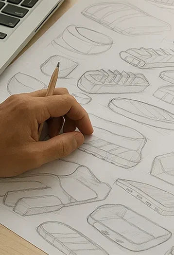 Designer's hand sketching product concepts in pencil on paper next to a laptop.