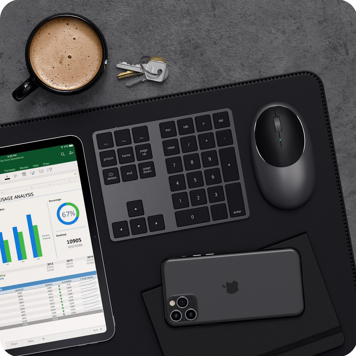 Bluetooth Extended Keypad in Space Gray on a dark desk mat with a mouse, iPad and phone