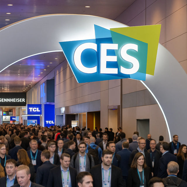 Crowd of attendees walking beneath the CES entrance arch at the convention center, with Sennheiser and TCL exhibit signs in the background.