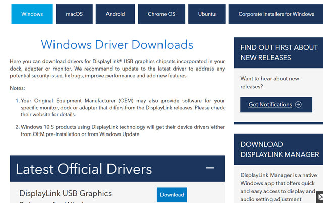 DisplayLink website, Windows Driver Downloads page with the Windows tab selected and a Download button under Latest Official Drivers for DisplayLink USB Graphics Software for Windows.