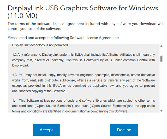 Step screenshot: DisplayLink USB Graphics Software for Windows (11.0 M0) license agreement page with Accept and Decline buttons.