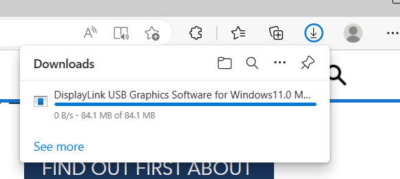 Microsoft Edge Downloads panel showing the completed download DisplayLink USB Graphics Software for Windows11.0, 84.1 MB of 84.1 MB.