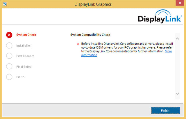 Step screenshot: DisplayLink Graphics installer on Windows failing the System Check step, asking you to install up-to-date graphics drivers first.