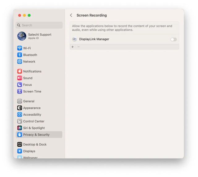 Step screenshot: macOS System Settings, Privacy & Security, Screen Recording, with the DisplayLink Manager toggle switched off.