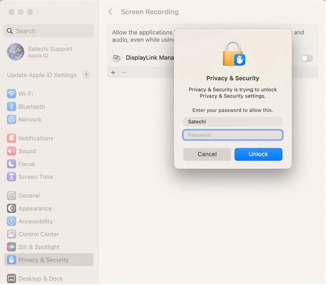 macOS Screen Recording settings with a Privacy & Security dialog asking for a password: Privacy & Security is trying to unlock Privacy & Security settings. Enter your password to allow this. Buttons: Cancel, Unlock.