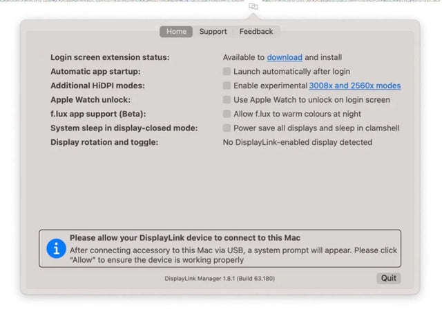Step screenshot: DisplayLink Manager 1.8.1 Home tab showing settings and the message Please allow your DisplayLink device to connect to this Mac.