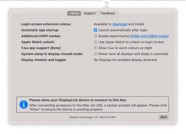 DisplayLink Manager 1.8.1 Home tab with Launch automatically after login checked. Notice: Please allow your DisplayLink device to connect to this Mac. After connecting, a system prompt will appear. Please click Allow.