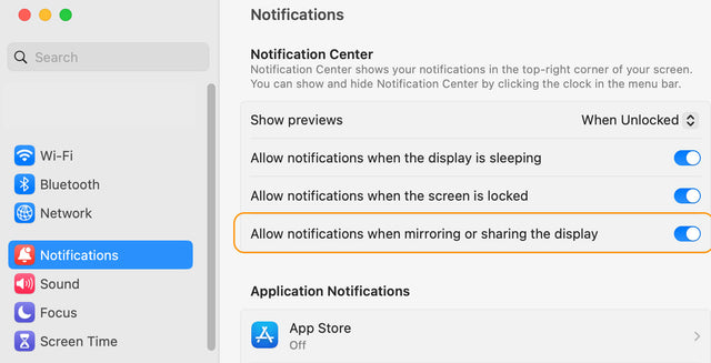 macOS Notifications settings with the option Allow notifications when mirroring or sharing the display highlighted and turned on.